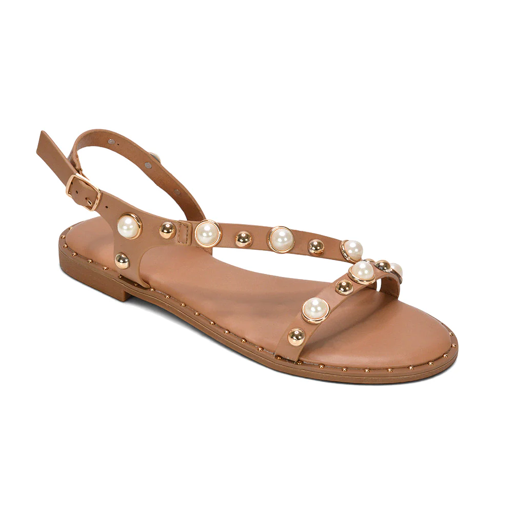 Myra Flat Sandals With Studded Pearl Straps Summer Shoes in Brown - Image 14