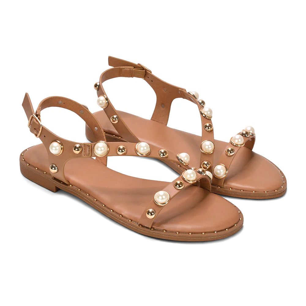 Myra Flat Sandals With Studded Pearl Straps Summer Shoes in Brown - Image 17