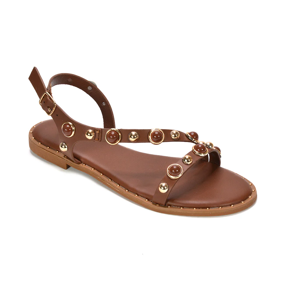 Myra Flat Sandals With Studded Pearl Straps Summer Shoes in Brown - Image 2