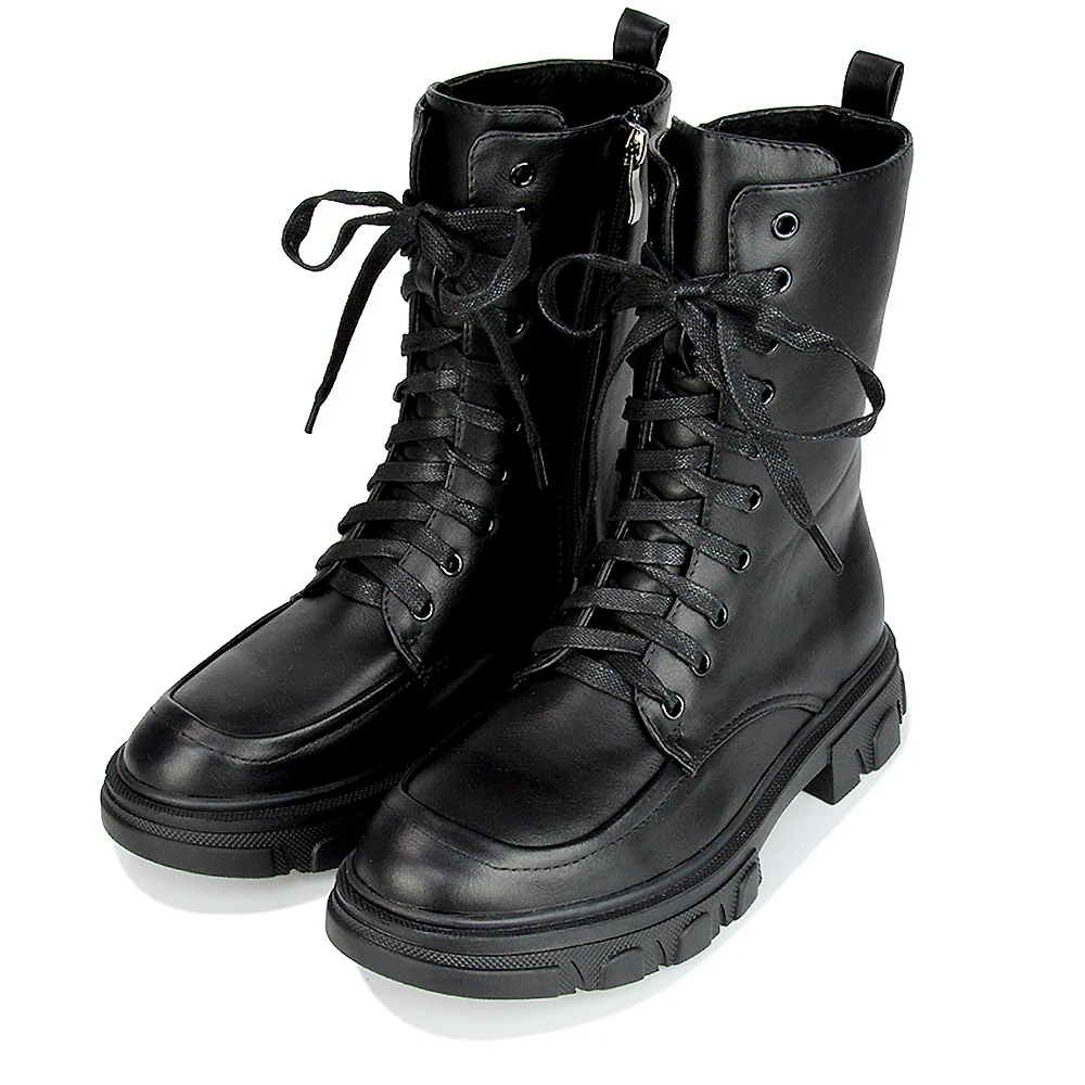 Myra Lace Up Biker Style Flat Combat Ankle Boots in Black Patent - Image 10