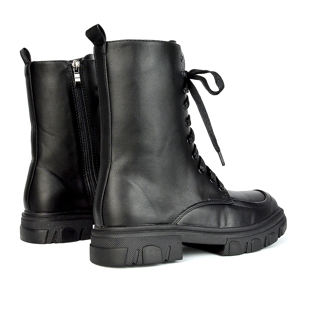 Myra Lace Up Biker Style Flat Combat Ankle Boots in Black Patent - Image 32