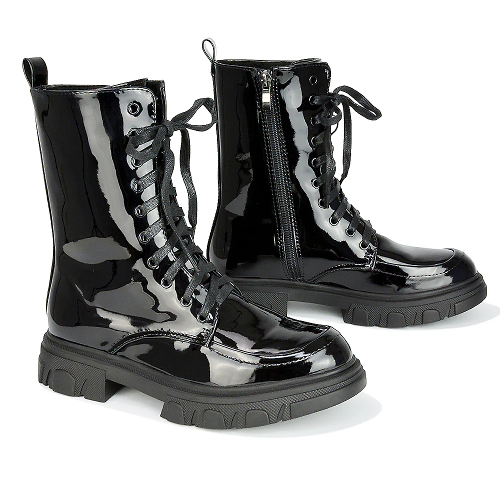 Myra Lace Up Biker Style Flat Combat Ankle Boots in Black Patent - Image 4