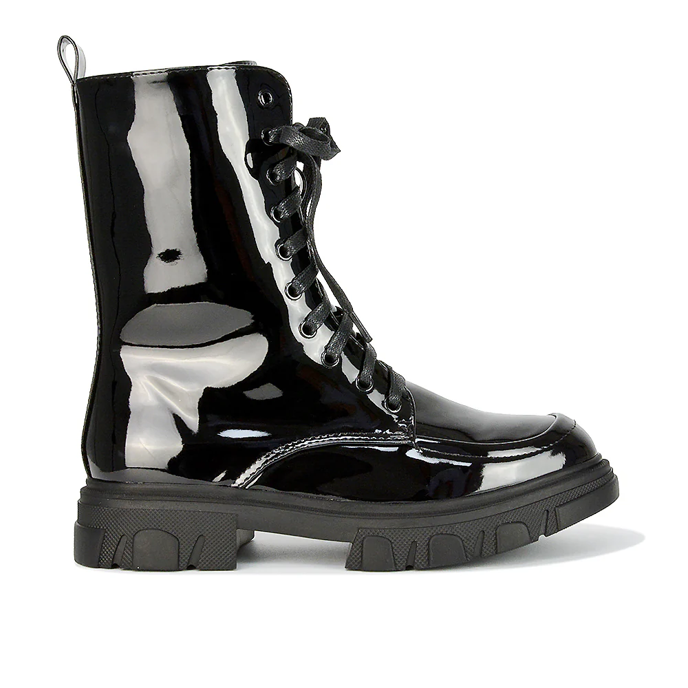 Myra Lace Up Biker Style Flat Combat Ankle Boots in Black Patent - Image 50