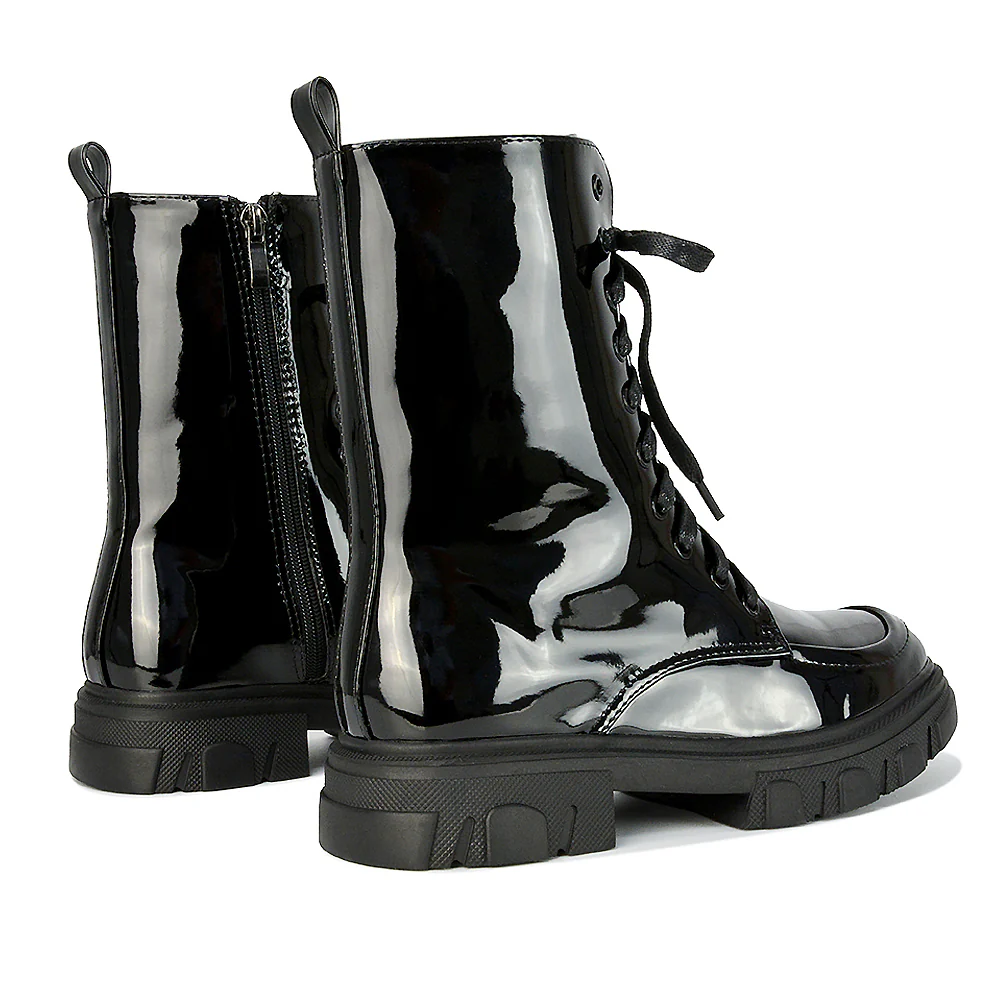Myra Lace Up Biker Style Flat Combat Ankle Boots in Black Patent - Image 51