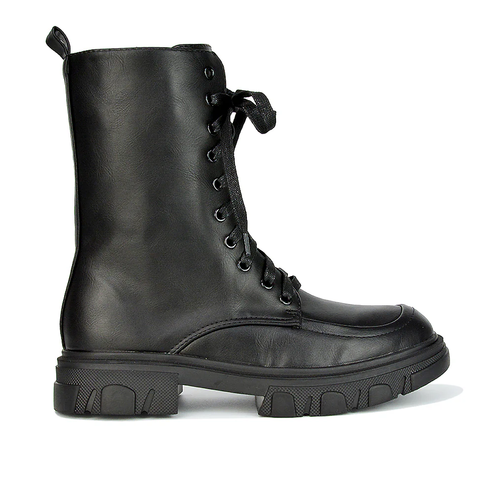 Myra Lace Up Biker Style Flat Combat Ankle Boots in Black Patent - Image 8