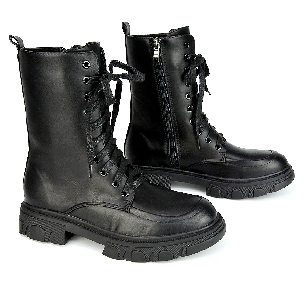 Myra Lace Up Biker Style Flat Combat Ankle Boots in Black Patent - Image 9
