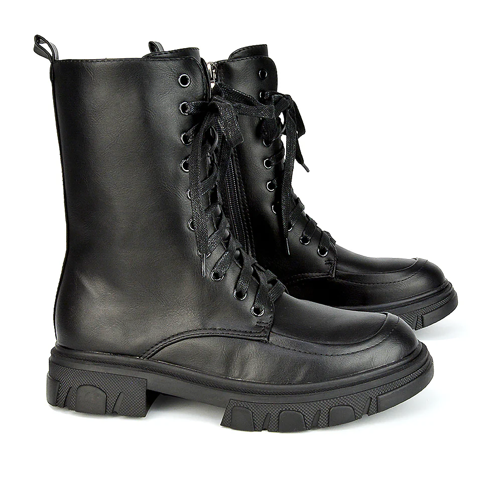 Myra Lace Up Biker Style Flat Combat Ankle Boots in Black Synthetic Leather - Image 21