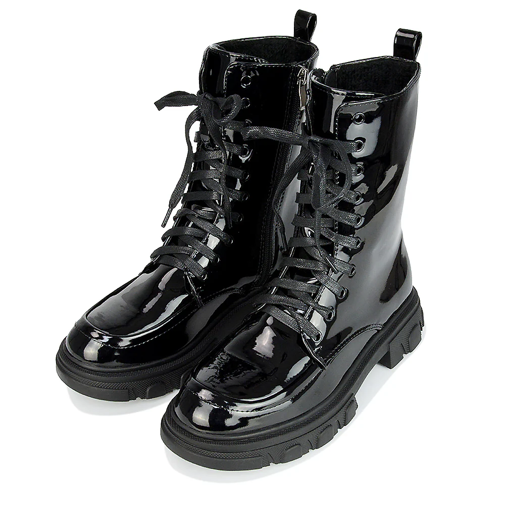 Myra Lace Up Biker Style Flat Combat Ankle Boots in Black Synthetic Leather - Image 53
