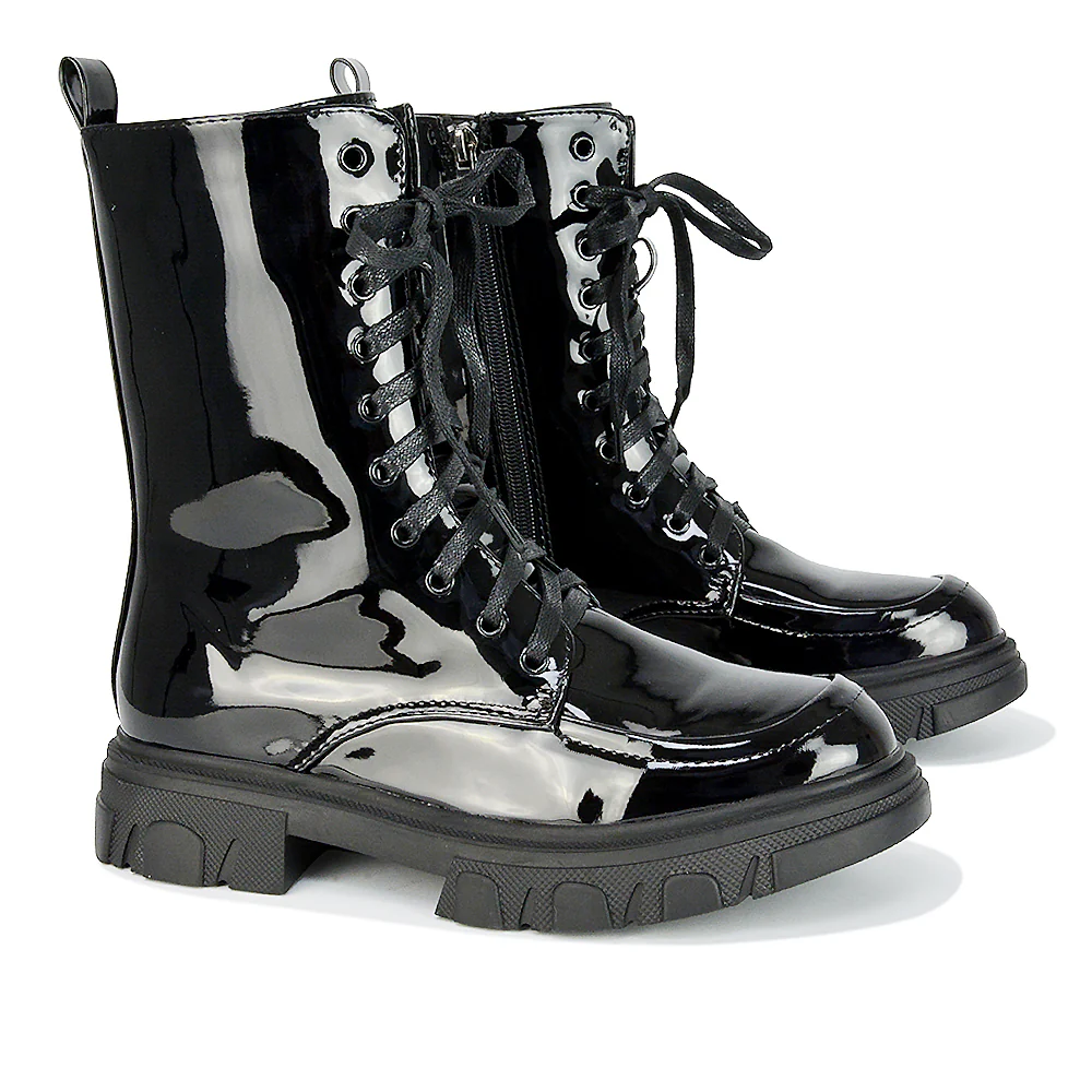 Myra Lace Up Biker Style Flat Combat Ankle Boots in Black Synthetic Leather - Image 57