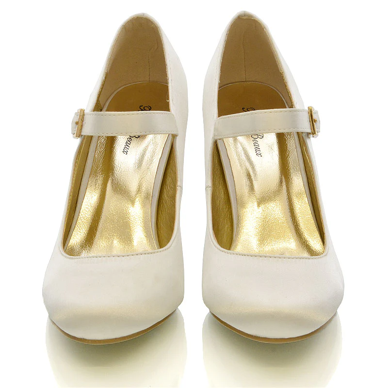 Nadia Strappy Buckle mid Stiletto High Heel Sandals Bridal Shoes for Wedding in Ivory Satin - Image 4