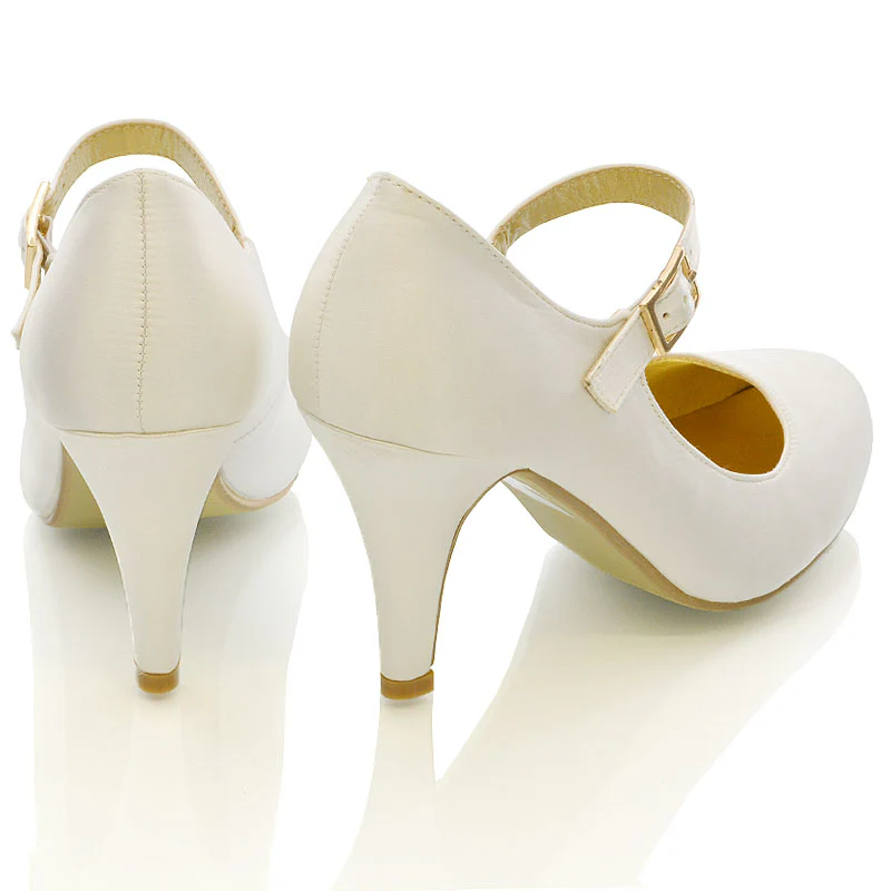 Nadia Strappy Buckle mid Stiletto High Heel Sandals Bridal Shoes for Wedding in Ivory Satin - Image 5