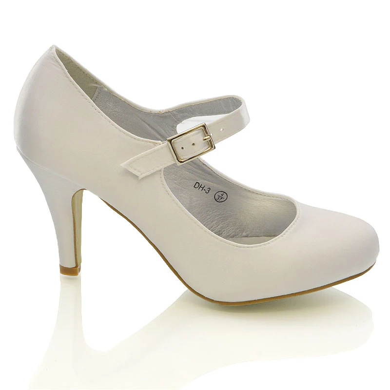 Nadia Strappy Buckle mid Stiletto High Heel Sandals Bridal Shoes for Wedding in White Satin - Image 3