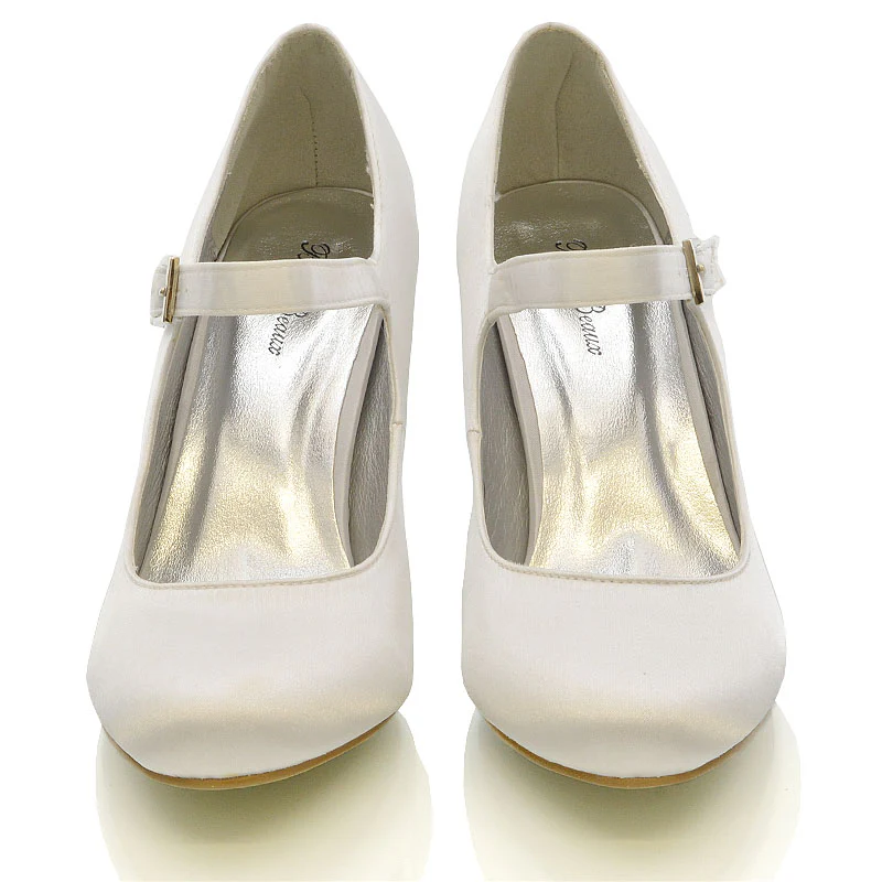 Nadia Strappy Buckle mid Stiletto High Heel Sandals Bridal Shoes for Wedding in White Satin - Image 4