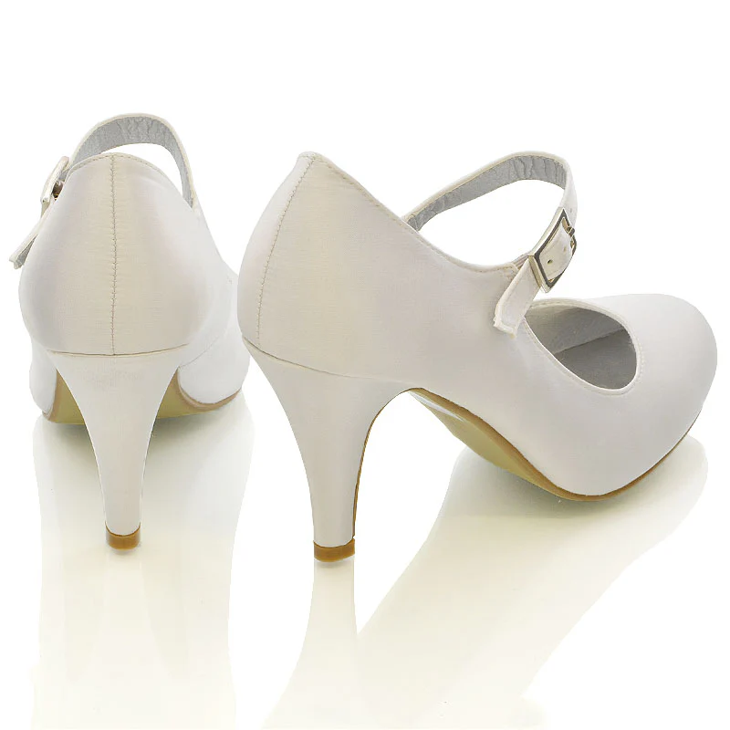 Nadia Strappy Buckle mid Stiletto High Heel Sandals Bridal Shoes for Wedding in White Satin - Image 5