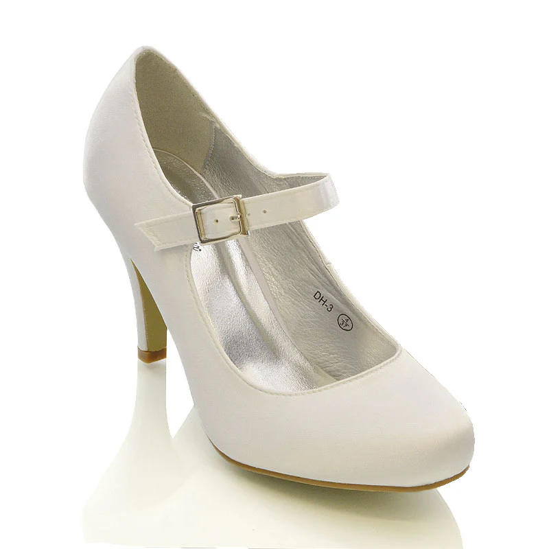 Nadia Strappy Buckle mid Stiletto High Heel Sandals Bridal Shoes for Wedding in White Satin - Image 7