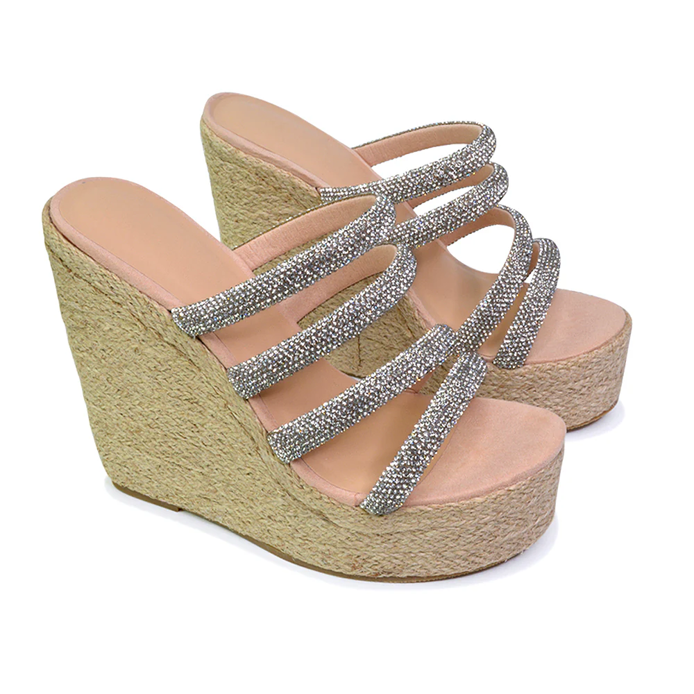 Nalini Diamante Strappy Platform Sandal Wedge Heels in Rose Gold - Image 13