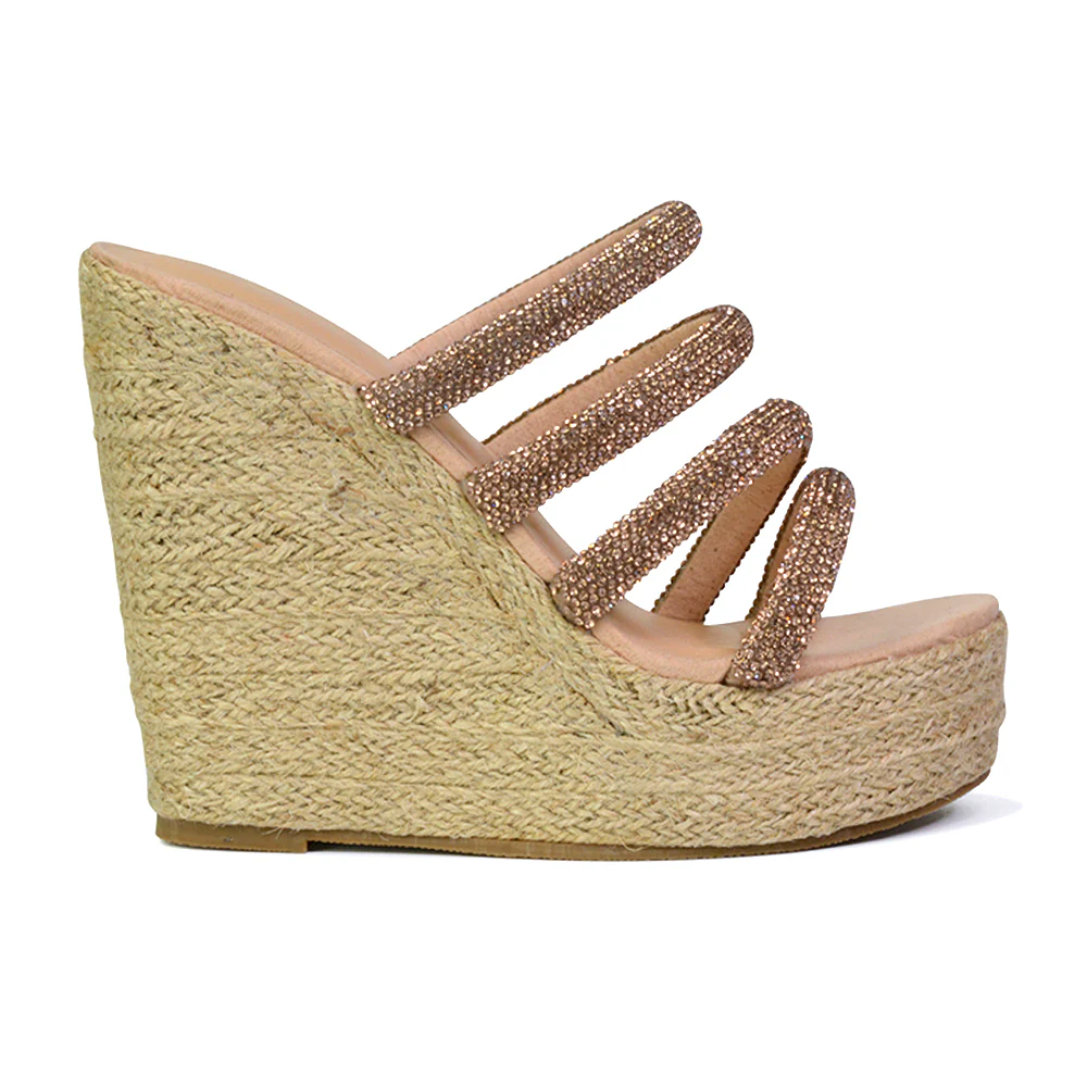 Nalini Diamante Strappy Platform Sandal Wedge Heels in Rose Gold - Image 40