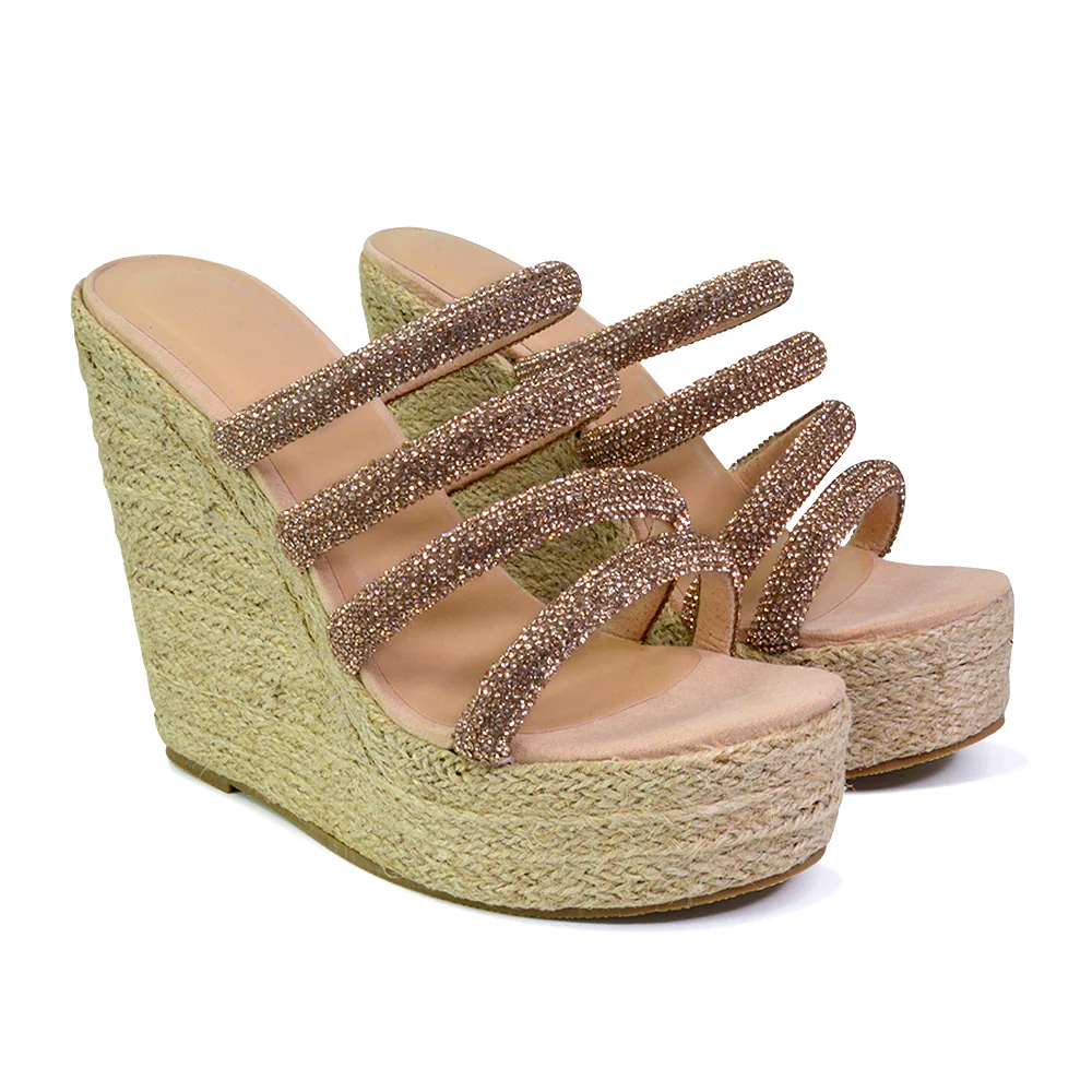 Nalini Diamante Strappy Platform Sandal Wedge Heels in Rose Gold - Image 50