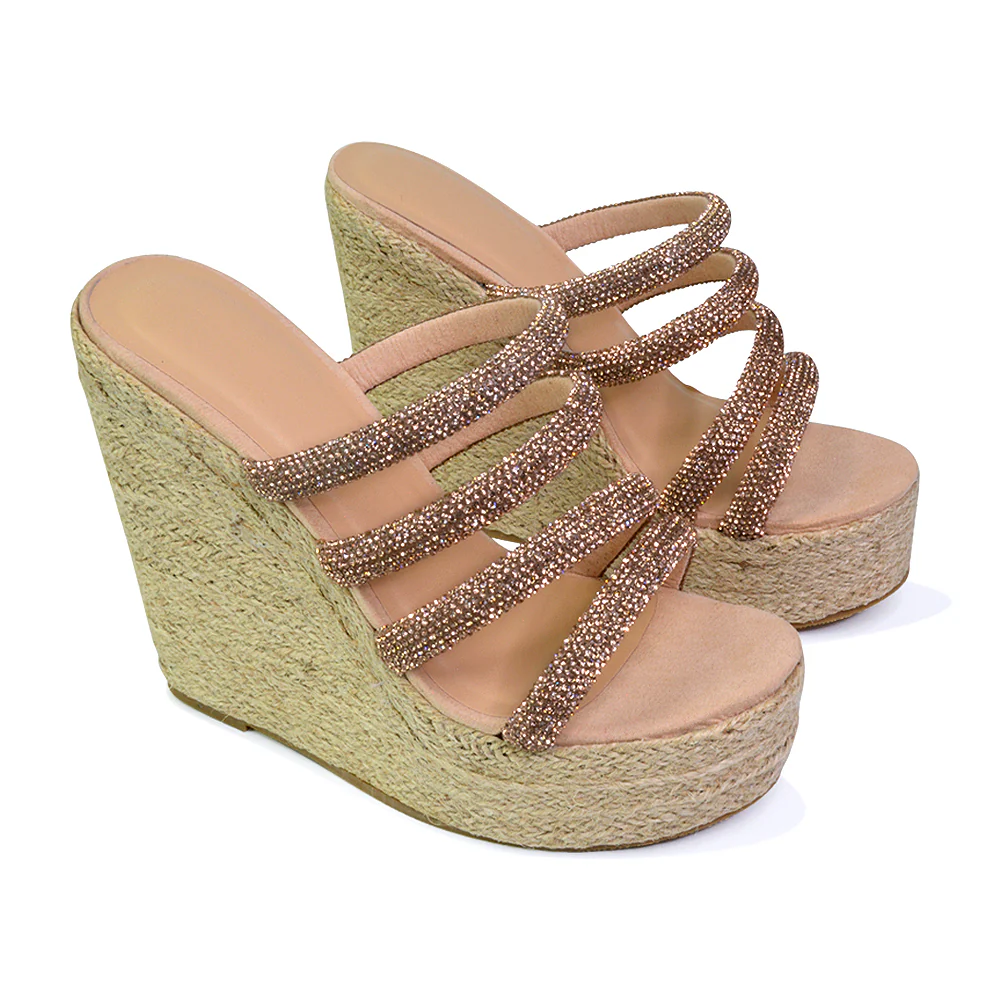 Nalini Diamante Strappy Platform Sandal Wedge Heels in Rose Gold - Image 57