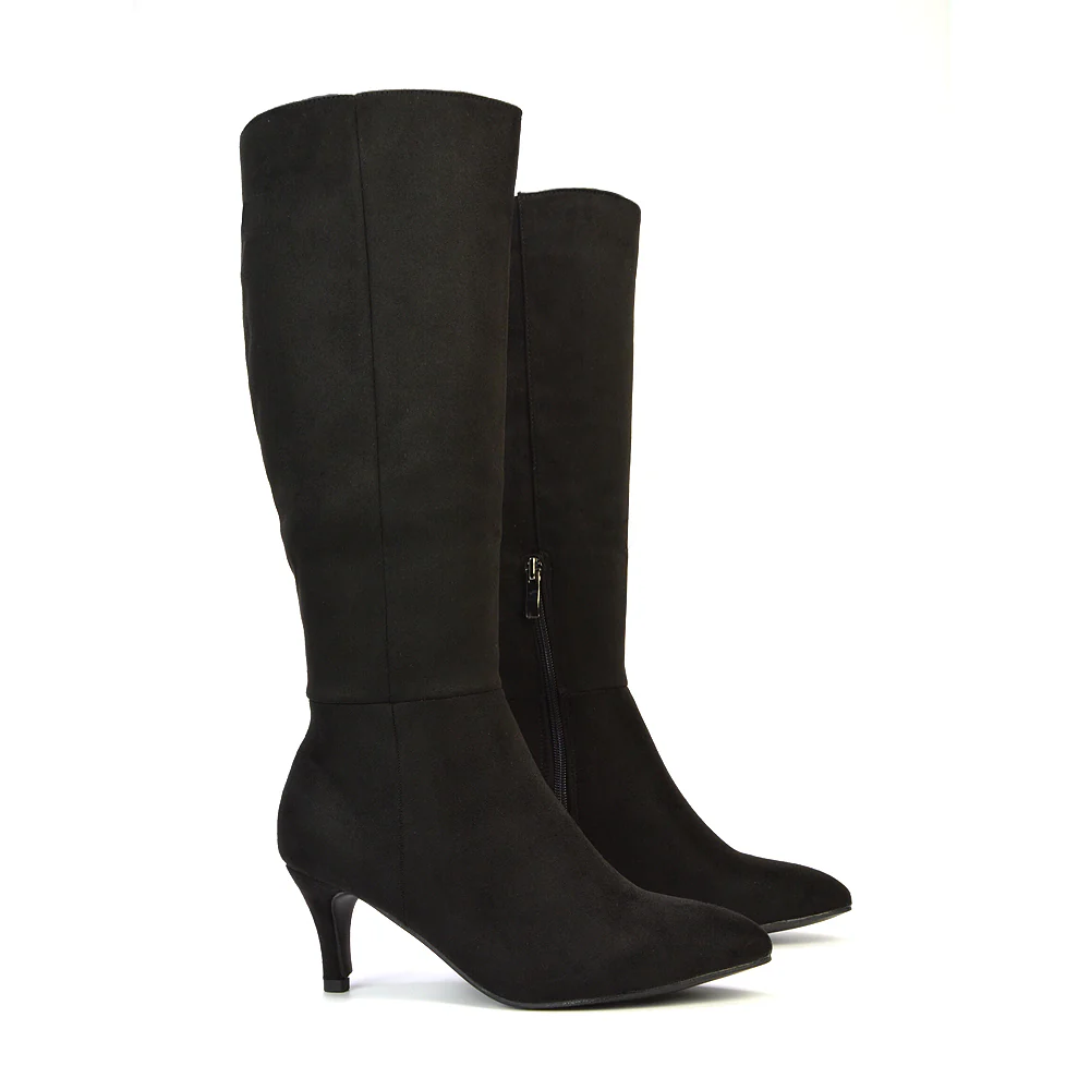 Narla Pointed Toe Mid Stiletto Heel Knee High Boots in Black Faux Suede - Image 103
