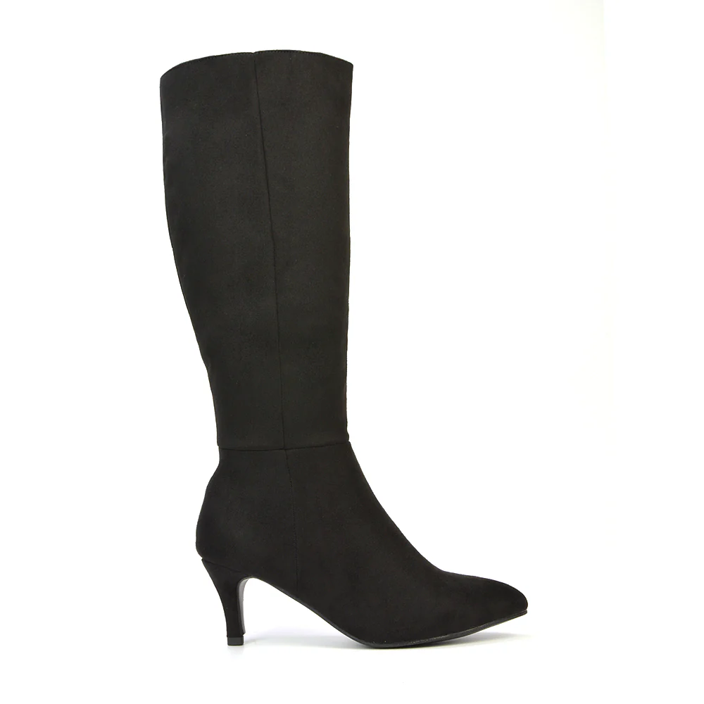 Narla Pointed Toe Mid Stiletto Heel Knee High Boots in Black Faux Suede - Image 111