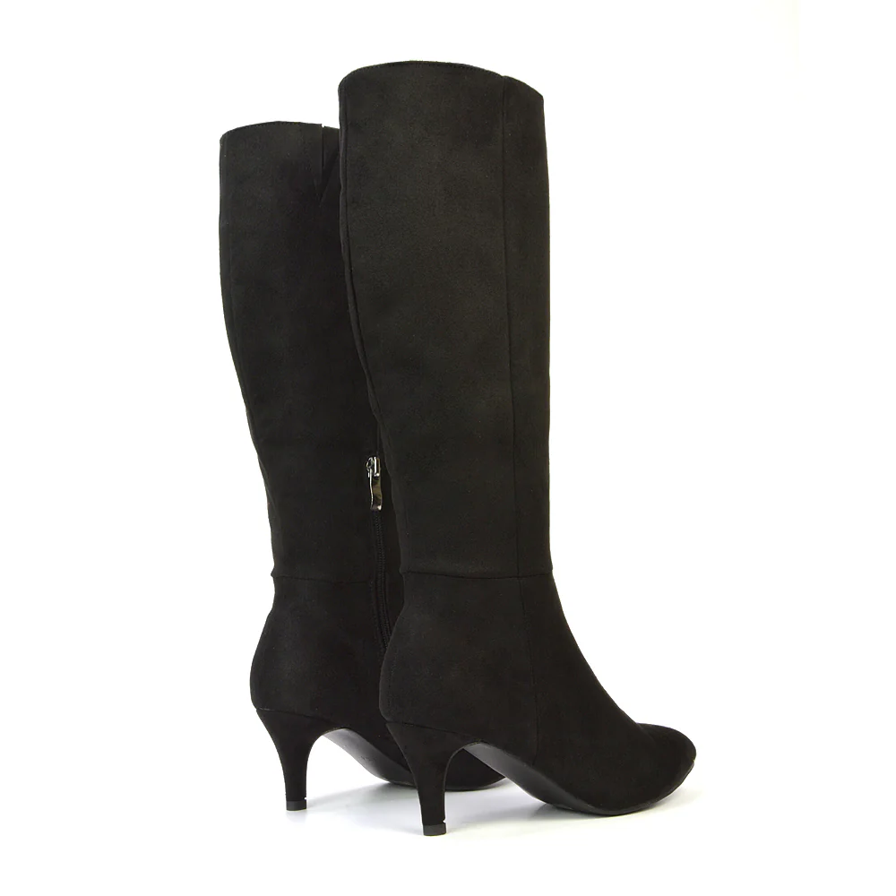Narla Pointed Toe Mid Stiletto Heel Knee High Boots in Black Faux Suede - Image 114