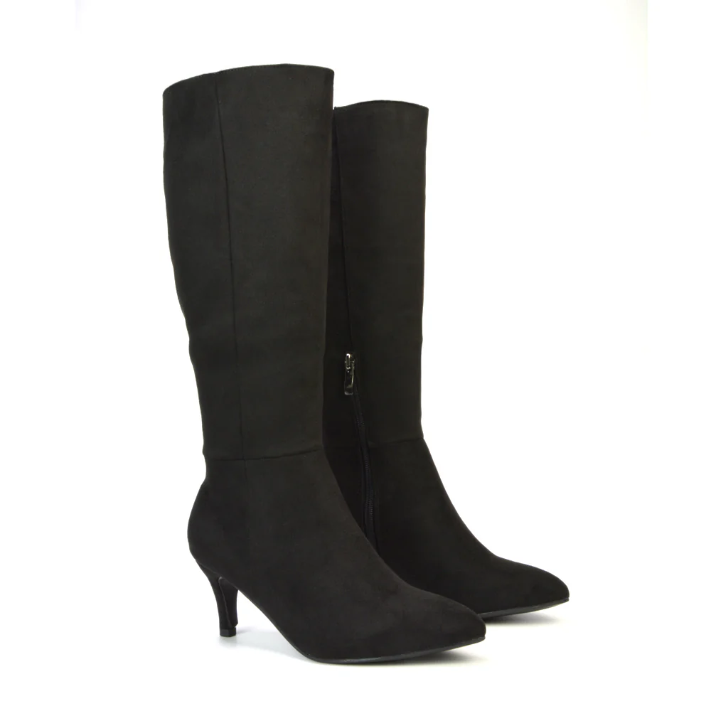Narla Pointed Toe Mid Stiletto Heel Knee High Boots in Black Faux Suede - Image 4