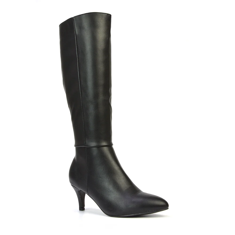 Narla Pointed Toe Mid Stiletto Heel Knee High Boots in Black Faux Suede - Image 8