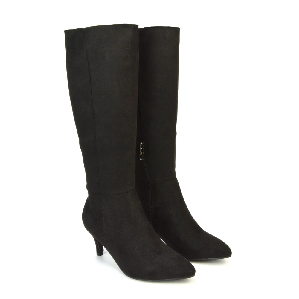 Narla Pointed Toe Mid Stiletto Heel Knee High Boots in Black Faux Suede - Image 83