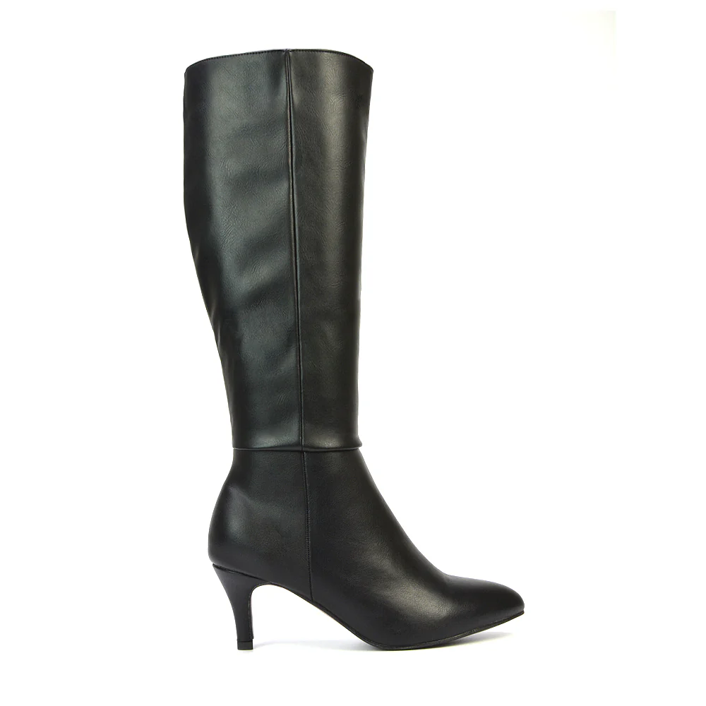 Narla Pointed Toe Mid Stiletto Heel Knee High Boots in Black Faux Suede - Image 9