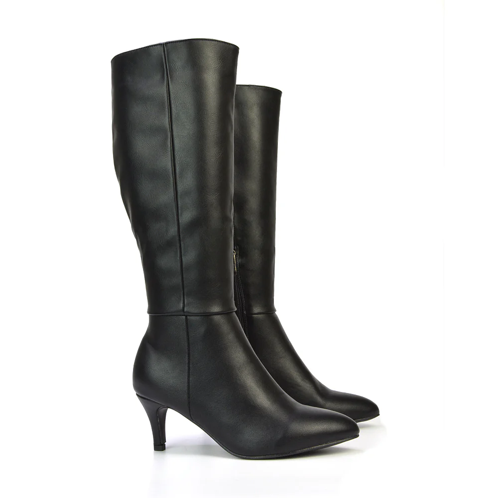 Narla Pointed Toe Mid Stiletto Heel Knee High Boots in Black Synthetic Leather - Image 31