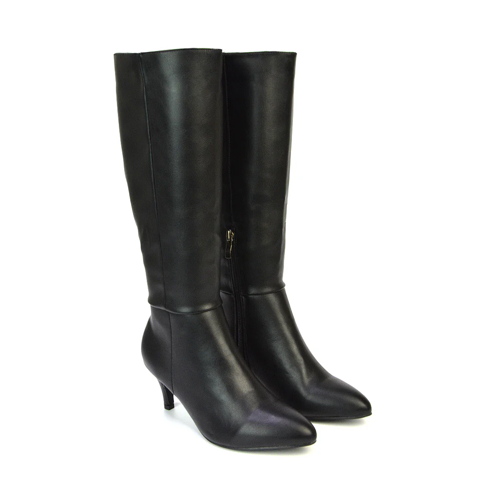 Narla Pointed Toe Mid Stiletto Heel Knee High Boots in Black Synthetic Leather - Image 36