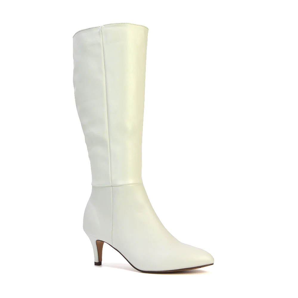 Narla Pointed Toe Mid Stiletto Heel Knee High Boots in Black Synthetic Leather - Image 74