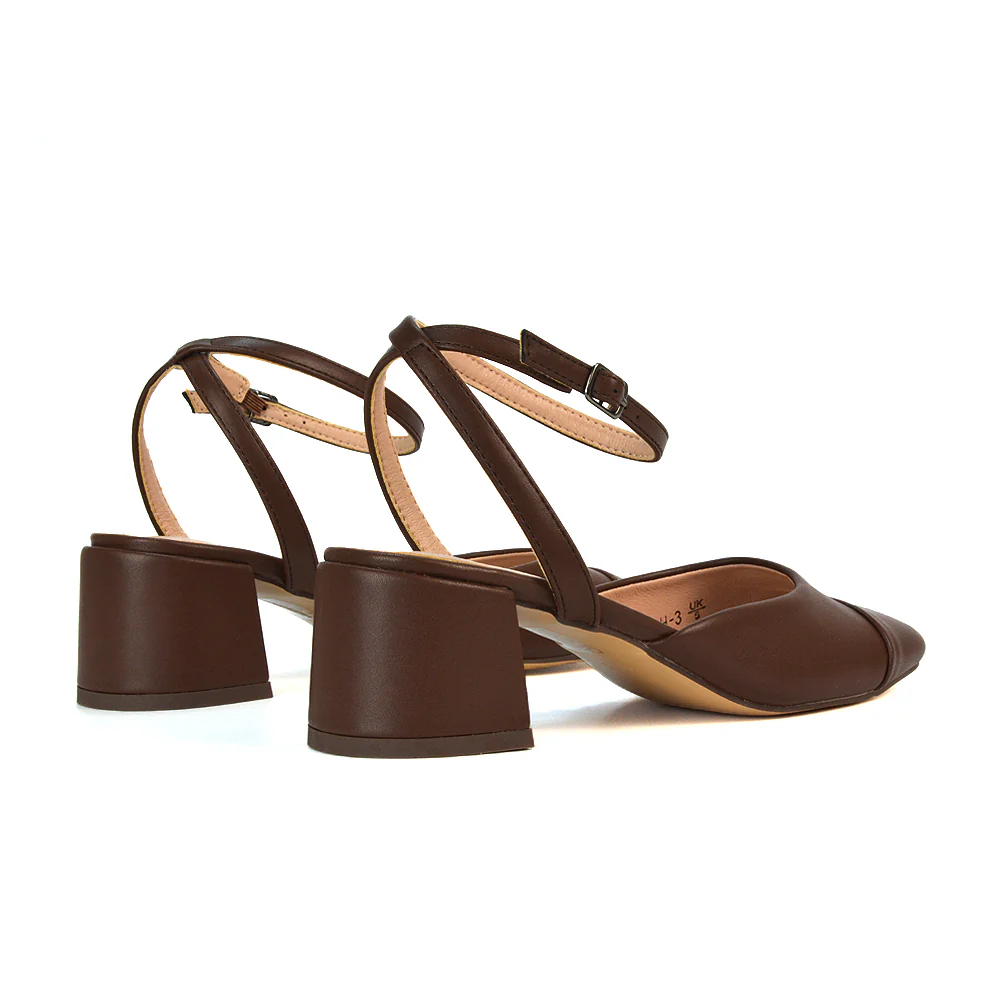 Natasha Ankle Strap Mid Block Heel Square Toe Court Shoes in Nude Synthetic Leather - Image 8