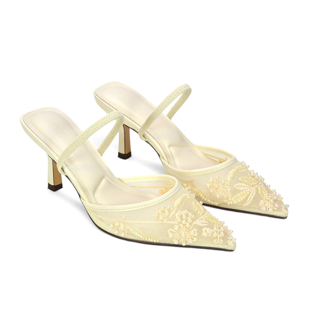 Naya Embroidered Court Shoes Slingback Pointed Toe Mid Stiletto Heels in Champagne - Image 17