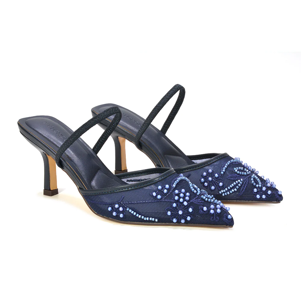 Naya Embroidered Court Shoes Slingback Pointed Toe Mid Stiletto Heels in Champagne - Image 21