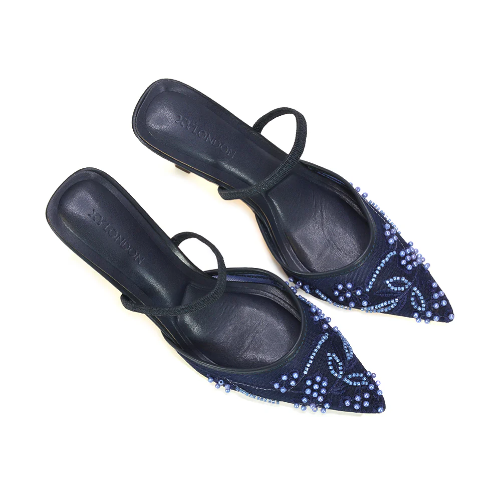 Naya Embroidered Court Shoes Slingback Pointed Toe Mid Stiletto Heels in Champagne - Image 24