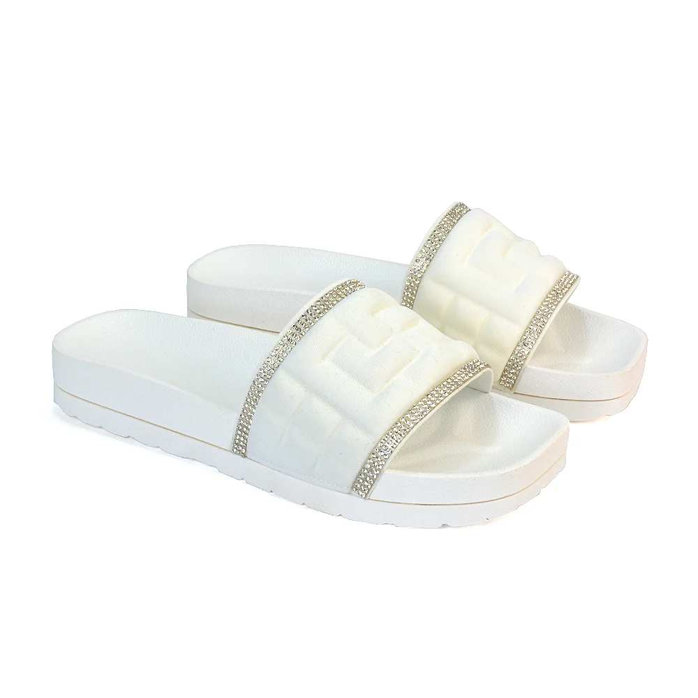 Neah Slip On Diamante Flat Sandals With Square Toe and Flatform Heel in White - Image 5