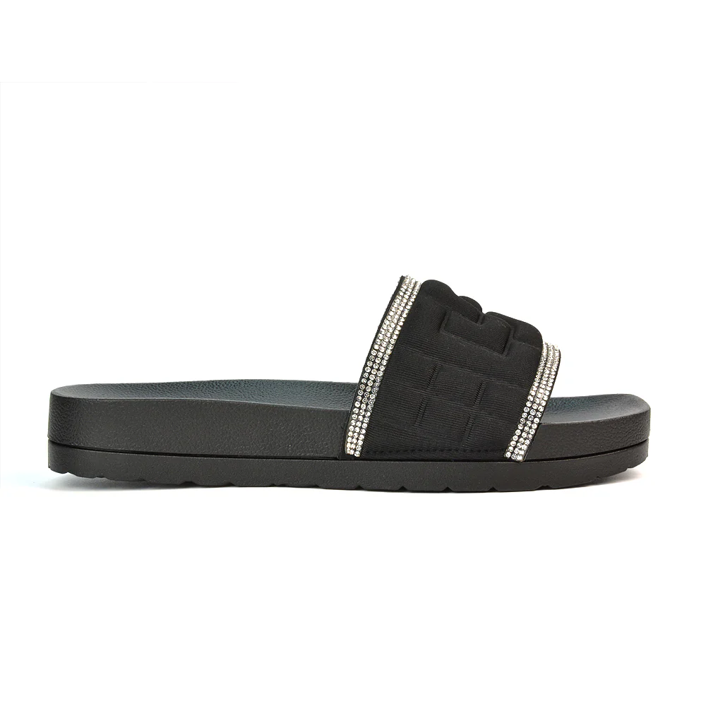 Neah Slip On Diamante Flat Sandals With Square Toe and Flatform Heel in White - Image 6