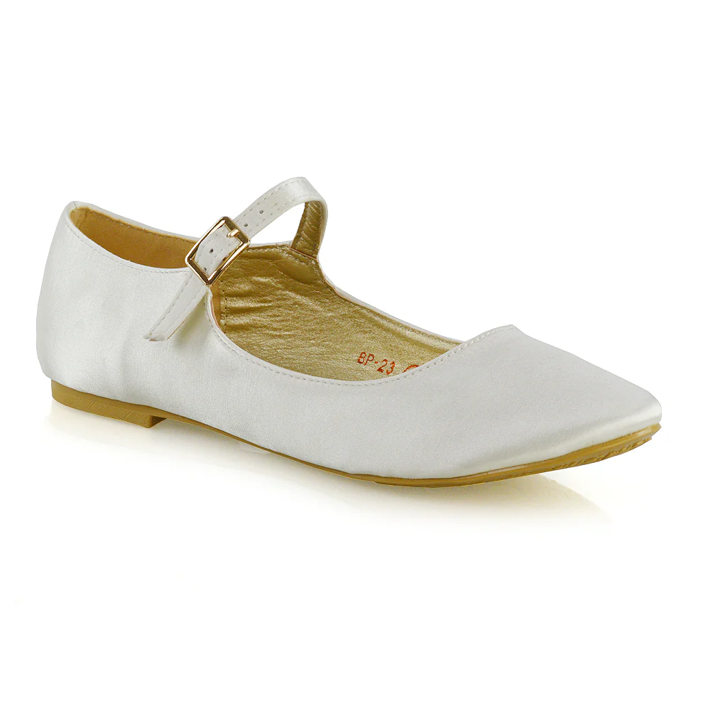 Nellie Ballerina Pump over the Foot Buckle up Strap Wedding Flat Bridal Shoes in Silver Satin - Image 120
