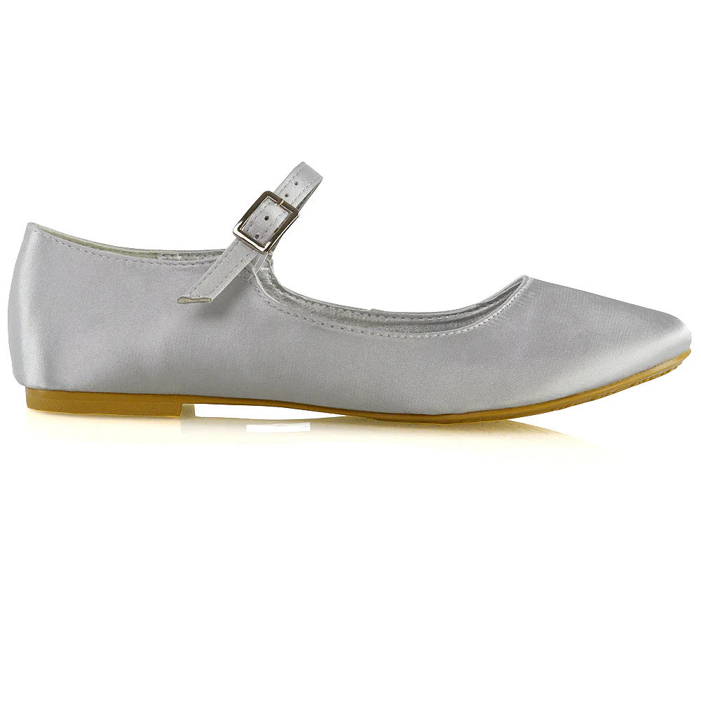 Nellie Ballerina Pump over the Foot Buckle up Strap Wedding Flat Bridal Shoes in Silver Satin - Image 71