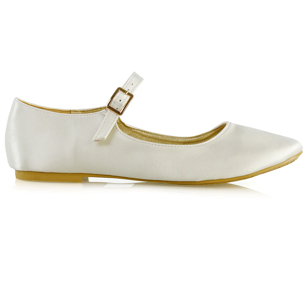 Nellie Ballerina Pump over the Foot Buckle up Strap Wedding Flat Bridal Shoes in Silver Satin - Image 8