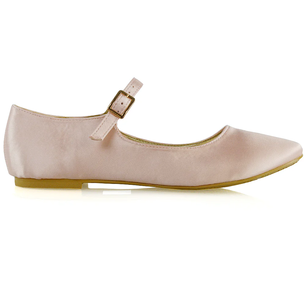 Nellie Ballerina Pump over the Foot Buckle up Strap Wedding Flat Bridal Shoes in Silver Satin - Image 83