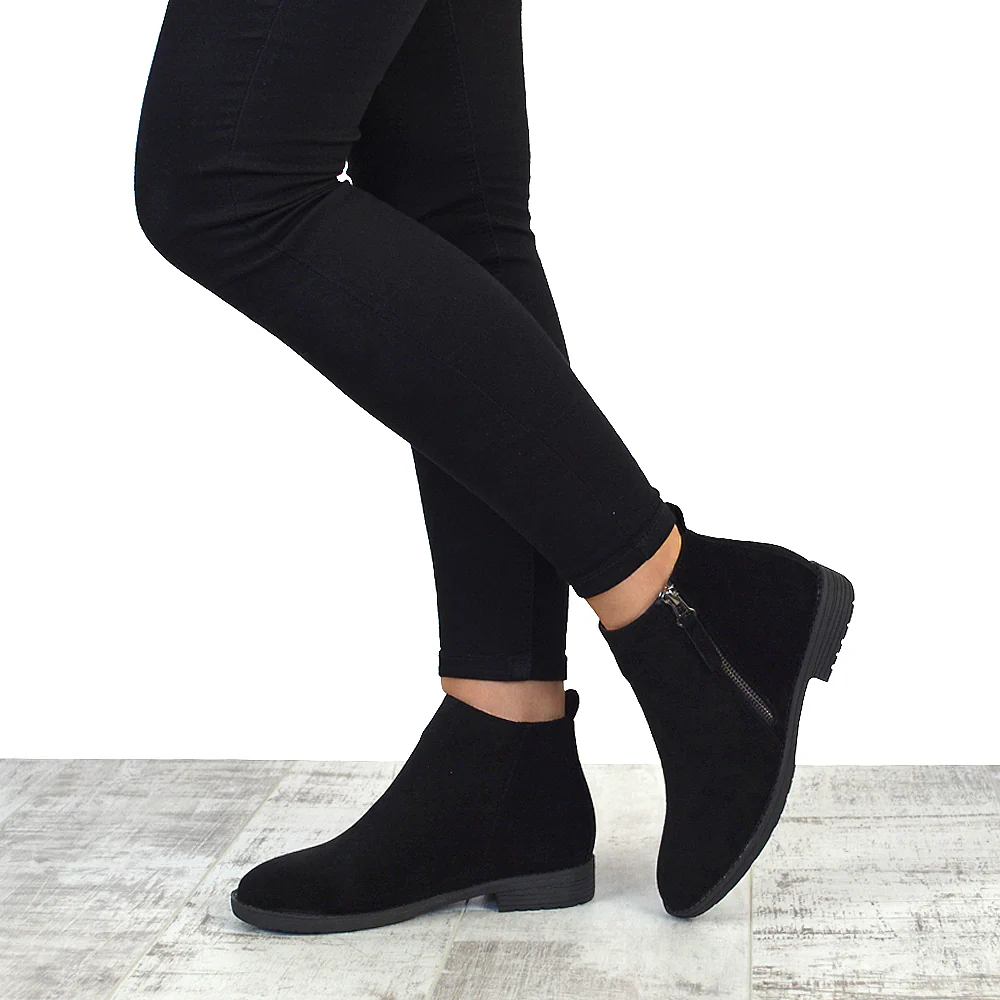 NICOLA LOW BLOCK HEEL ZIP UP DETAIL FLAT ANKLE BOOTS IN BLACK FAUX SUEDE - Image 2