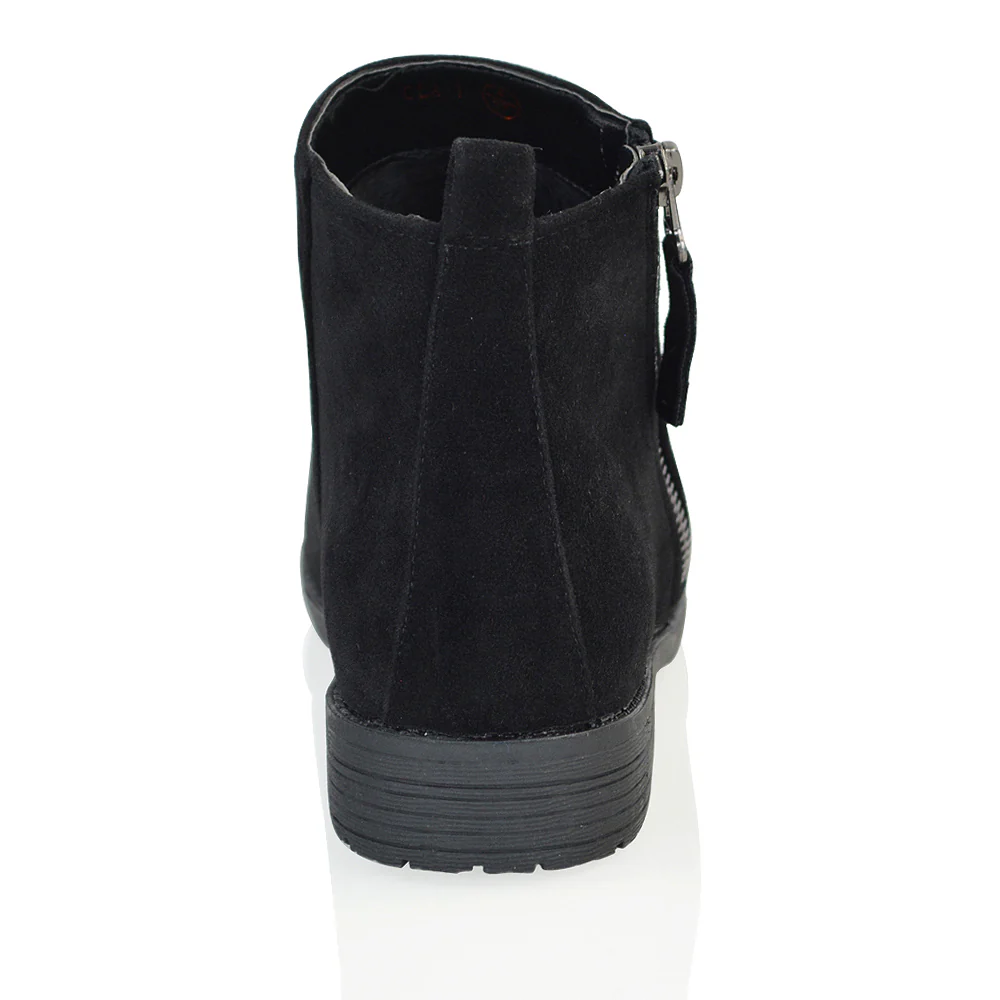 NICOLA LOW BLOCK HEEL ZIP UP DETAIL FLAT ANKLE BOOTS IN BLACK FAUX SUEDE - Image 3