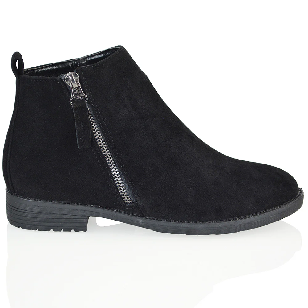 NICOLA LOW BLOCK HEEL ZIP UP DETAIL FLAT ANKLE BOOTS IN BLACK FAUX SUEDE - Image 4