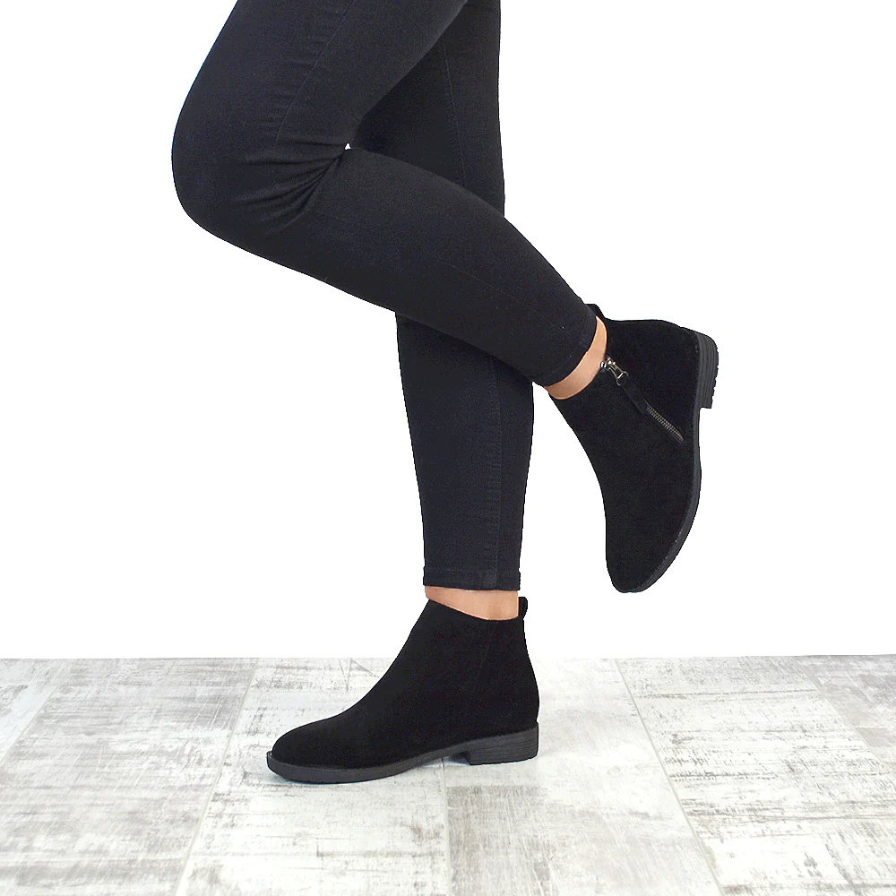 NICOLA LOW BLOCK HEEL ZIP UP DETAIL FLAT ANKLE BOOTS IN BLACK FAUX SUEDE - Image 5