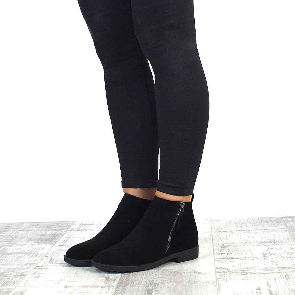NICOLA LOW BLOCK HEEL ZIP UP DETAIL FLAT ANKLE BOOTS IN BLACK FAUX SUEDE - Image 6
