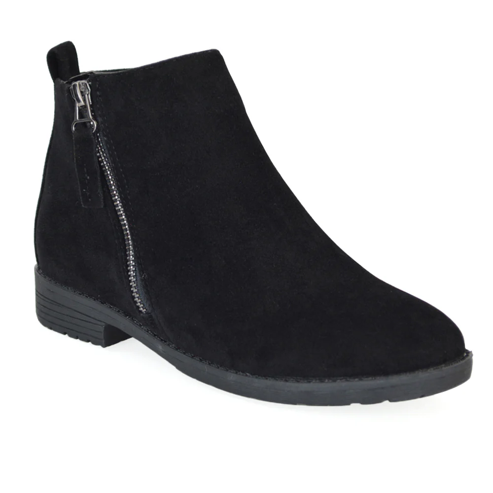 NICOLA LOW BLOCK HEEL ZIP UP DETAIL FLAT ANKLE BOOTS IN BLACK FAUX SUEDE - Image 9