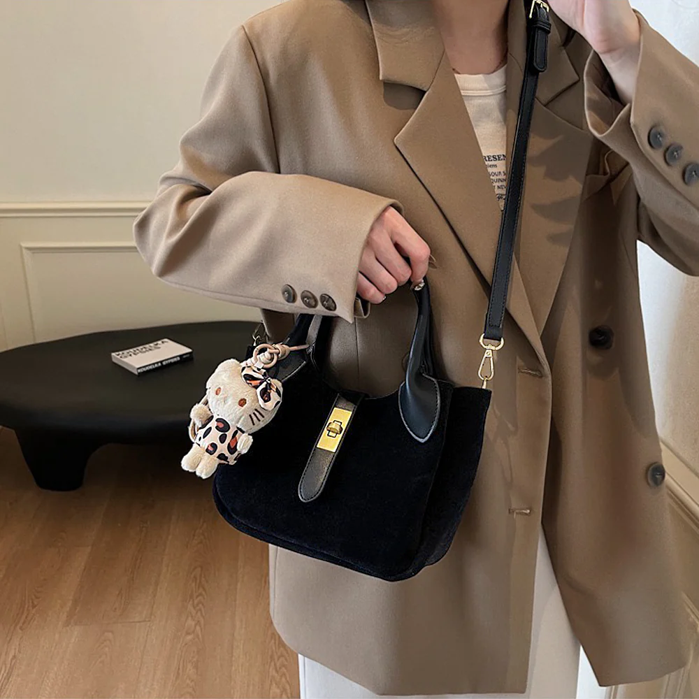 Nicole Crossbody Shoulder Tote Bag With Gold Buckle and Bag Charm in Tan Faux Suede - Image 10